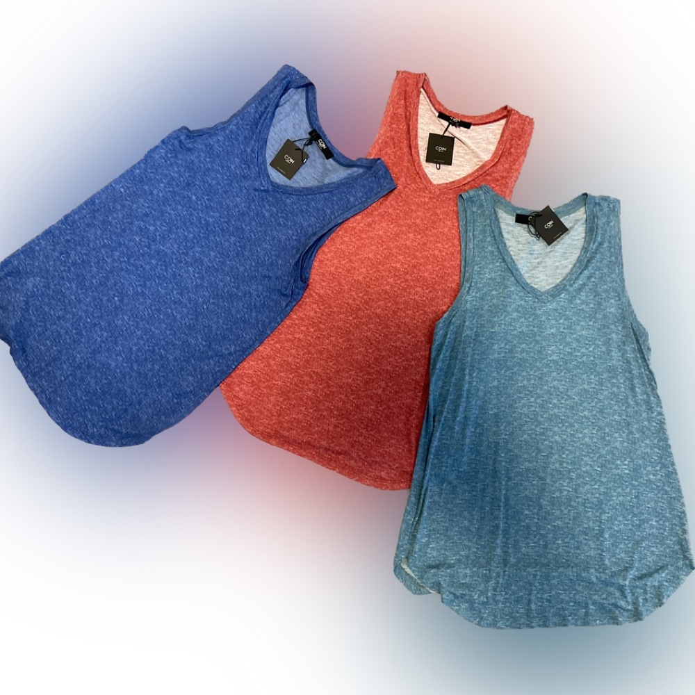 COIN1804 bundle of three v-neck tanks in indigo, brick, dusty blue.